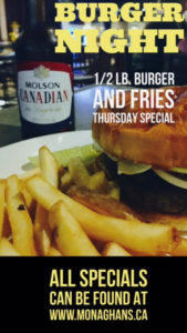 burger night at Monaghan's Sports Pub and Grill Oakville