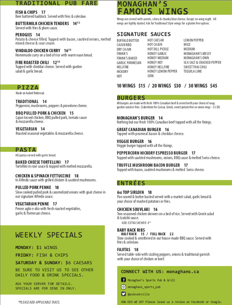 monaghans menu sports pub and grill oakville Monaghan's Sports Pub