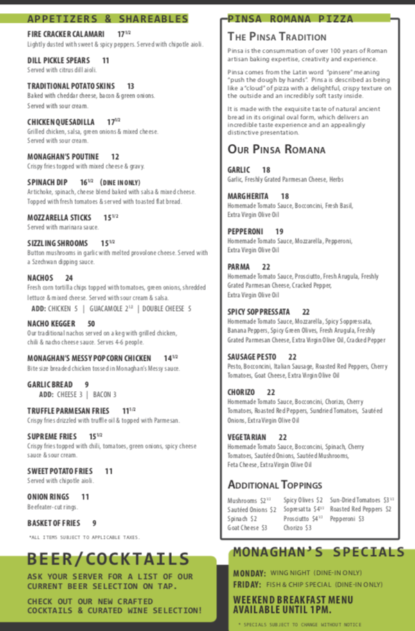 Monaghans Sports Pub and Grill Oakville Menu Nov 2022 Monaghan's