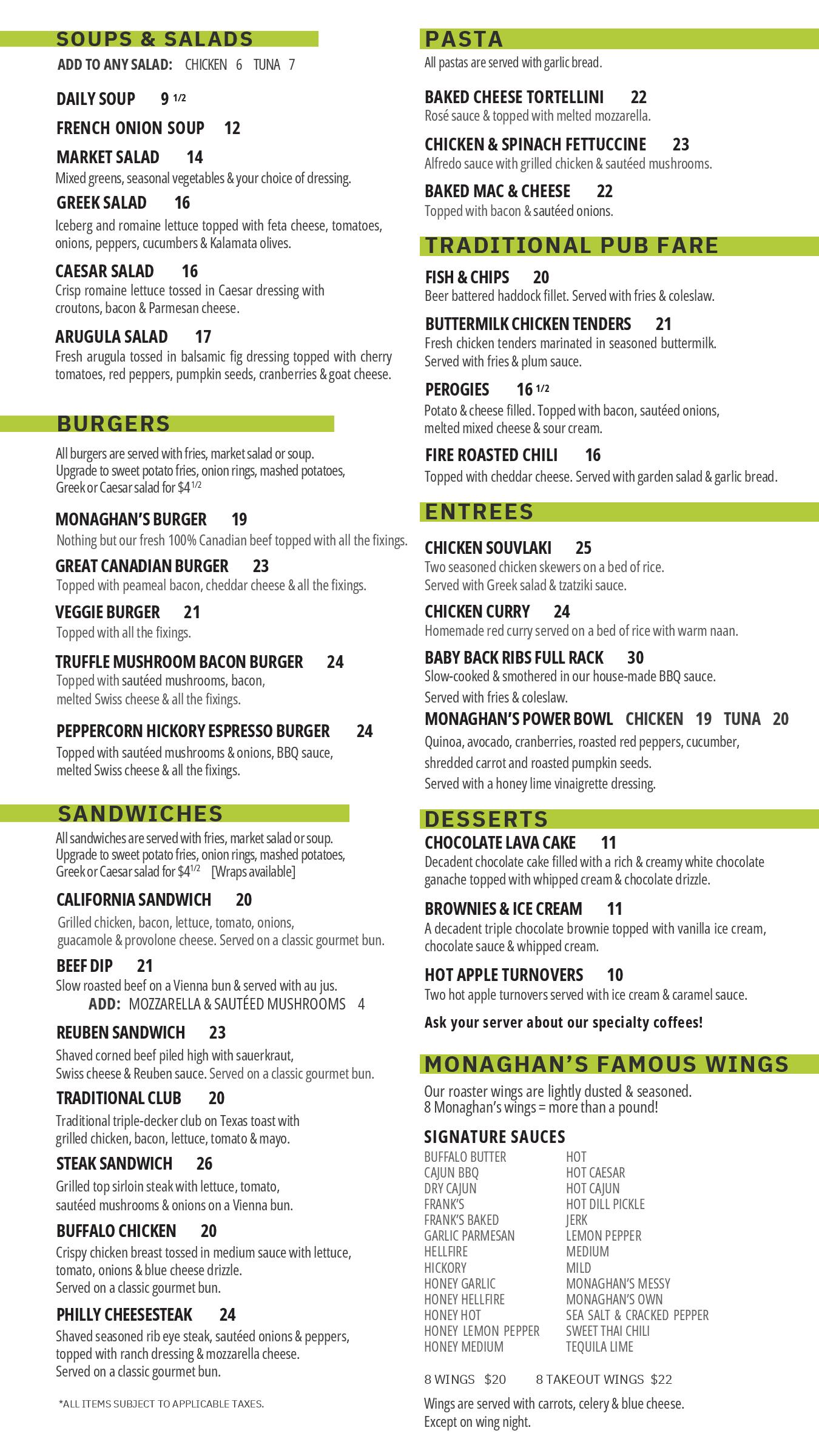 Monaghan's Sports Pub and Grill oakville ontario menu