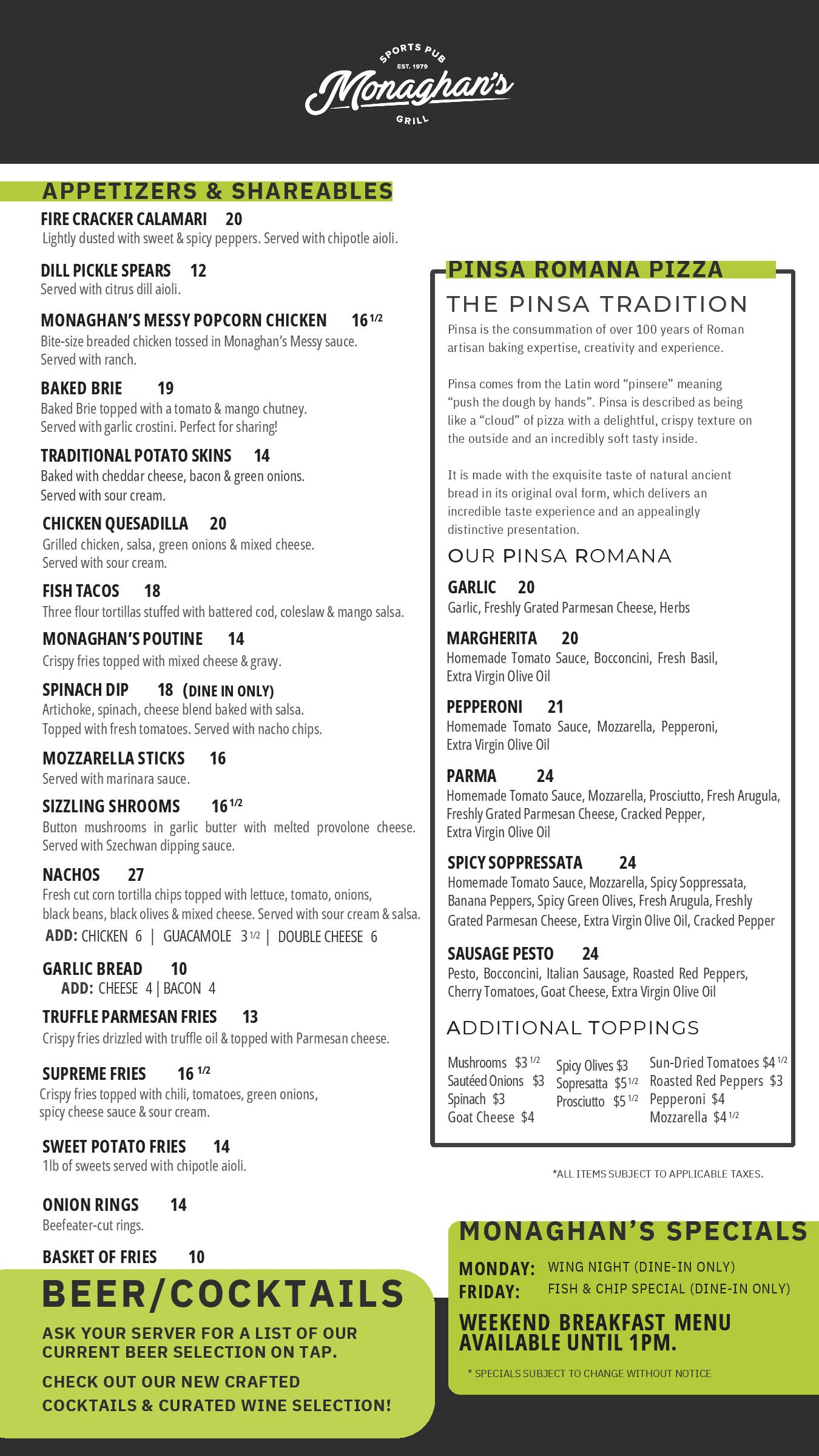 monaghans sports pub and grill oakville menu